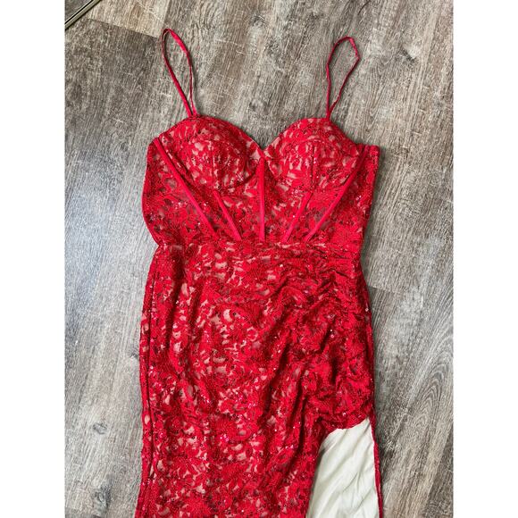 Galina Signature Dress Red Allover Lace Corset Sheath with Side Slit - Picture 5 of 9